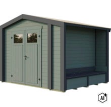 Abri de jardin en bois avec double porte et banc intégré dans une annexe ouverte (Image AI modified or generated)