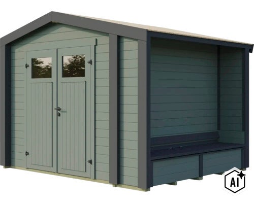 Abri de jardin en bois avec double porte et banc intégré dans une annexe ouverte (Image AI modified or generated)