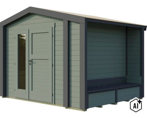 Abri de jardin en bois avec auvent intégré et banc, porte simple avec insert en verre et toit à deux versants (Image AI modified or generated)