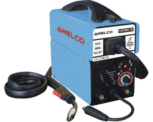 Poste à souder inverter AWELCO EASYMIG 120 pour Flux, MMA et TIG Lift avec poignée et torche.