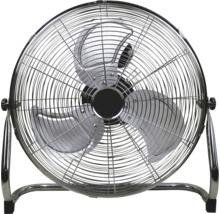 Bodenventilator aus Metall mit drei Rotorblättern und einem robusten Schutzgitter.