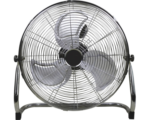 Bodenventilator aus Metall mit drei Rotorblättern und einem robusten Schutzgitter.
