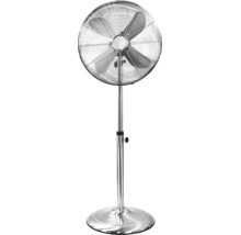 Höhenverstellbarer Standventilator aus Metall mit rundem Standfuß und Schutzgitter.