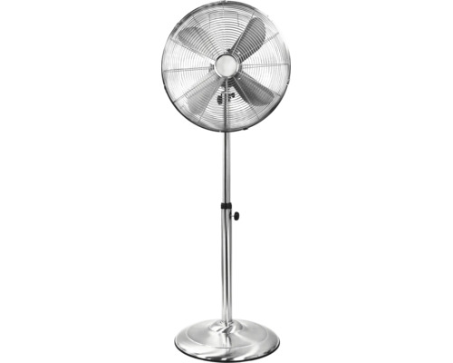 Höhenverstellbarer Standventilator aus Metall mit rundem Standfuß und Schutzgitter.