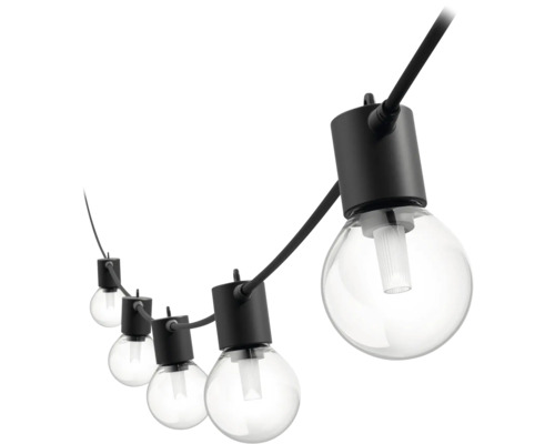 Guirlande lumineuse avec ampoules rondes sur un câble noir pour l'éclairage intérieur et extérieur.