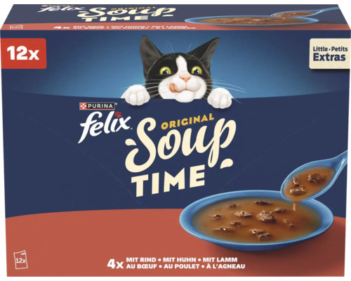 Boîte de nourriture pour chats Purina Felix Original Soup Time, 12 sachets au bœuf, poulet et agneau.