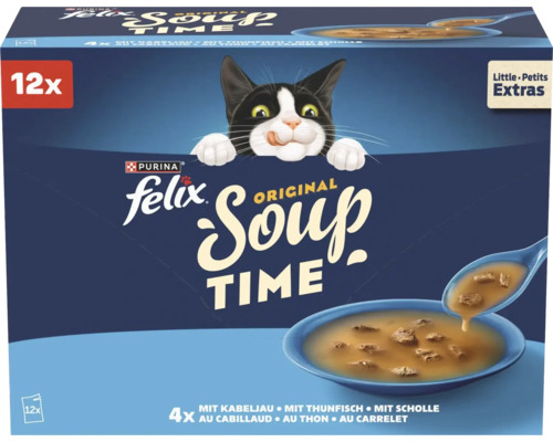 Purina Felix Original Soup Time Little Petits Extras Katzenfutter Multipack mit 12 Portionen Kabeljau, Thunfisch und Scholle.