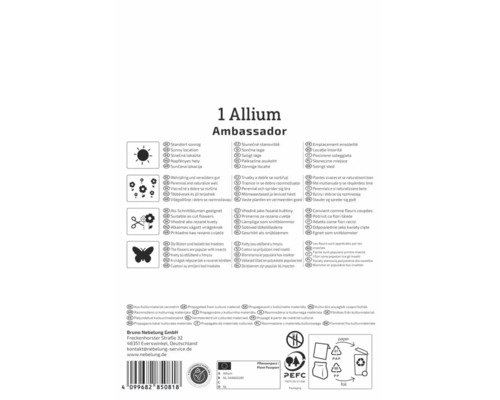 Rückseite der Verpackung für Allium Ambassador mit Hinweisen zu Standort, Eignung als Schnittblume, Insektenfreundlichkeit und Zertifizierungen.