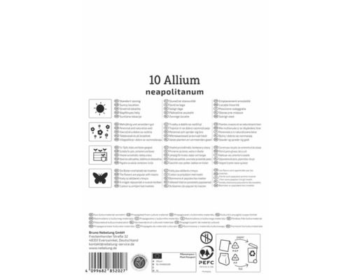 Rückseite der Allium neapolitanum Packung mit Symbolen für sonnigen Standort, Mehrjährigkeit, Kübeleignung, Insektenfreundlichkeit und PEFC Logo.