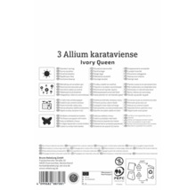 Rückseite der Verpackung Allium karataviense Ivory Queen mit Symbolen für sonnigen Standort, Mehrjährigkeit, Topfeignung, Insekten und PEFC Logo.