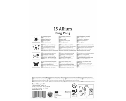 Rückseite der Allium Ping Pong Verpackung mit Symbolen für sonnigen Standort, Mehrjährigkeit, Schnittblume, Insektenfreundlichkeit und PEFC Logo.