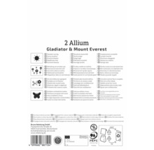 Rückseite der Packung für zwei Allium Gladiator und Mount Everest mit Symbolen für sonnigen Standort, Mehrjährigkeit, Schnittblumen und Insekten.