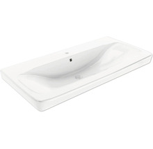 Lavabo rectangulaire en céramique blanche avec trou de robinetterie et trop-plein.