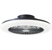 Moderner Deckenventilator mit integriertem LED-Lichtring und dunklem Gehäuse.
