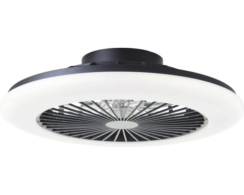 Moderner Deckenventilator mit integriertem LED-Lichtring und dunklem Gehäuse.