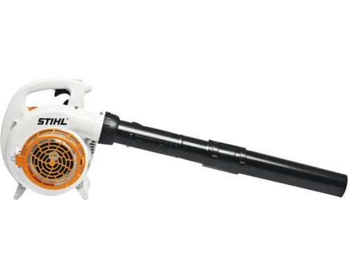 Souffleur de feuilles STIHL blanc et orange en plastique avec long tube de soufflage noir et STIHL Logo pour l'entretien du jardin.