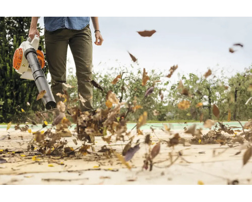Une personne utilise un souffleur de feuilles pour enlever des feuilles mortes d'une surface pavée dans un jardin.