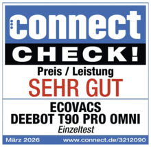 Testurteil sehr gut für Preis-Leistung für Ecovacs Deebot T90 Pro Omni von Connect Check, März 2026.