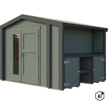Abri de jardin en bois avec double porte et appentis intégré comprenant des compartiments de rangement pour outils. (Image AI modified or generated)