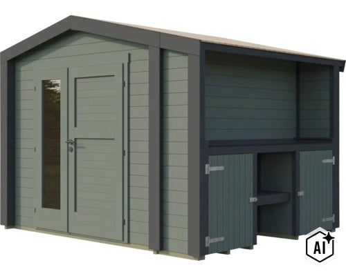 Abri de jardin en bois avec double porte et appentis intégré comprenant des compartiments de rangement pour outils. (Image AI modified or generated)
