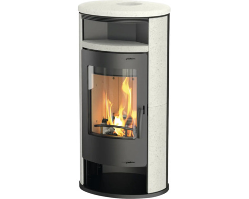 Poêle à bois avec revêtement en pierre naturelle, vitre bombée, compartiment chauffe-plats et compartiment à bois