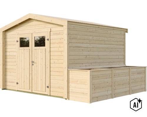 Abri de jardin en bois avec double porte et cache poubelle intégré (Image AI modified or generated)