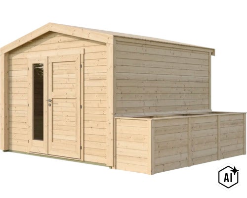 Abri de jardin en bois avec toit à deux pans, porte avec panneau en verre et annexe latérale en bois de résineux non traité. (Image AI modified or generated)