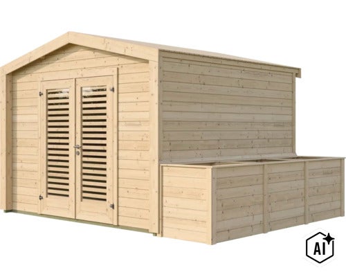Abri de jardin en bois avec double porte à persiennes et abri pour poubelles intégré. (Image AI modified or generated)