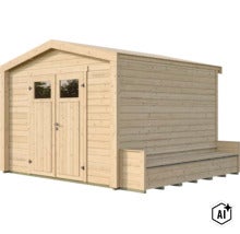 Abri de jardin en bois avec porte double et banc intégré sur la paroi latérale (Image AI modified or generated)