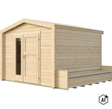 Abri de jardin en bois avec toit en pente et banc intégré (Image AI modified or generated)