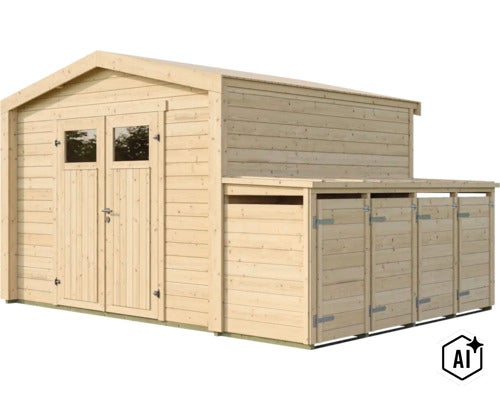 Abri de jardin en bois avec double porte et appentis latéral intégré avec trois portes pour un espace de rangement supplémentaire. (Image AI modified or generated)
