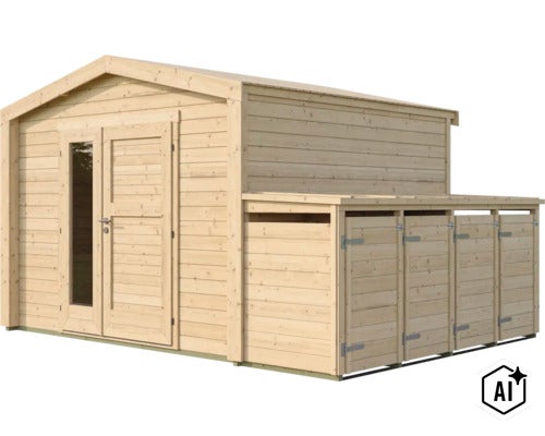 Abri de jardin en bois avec appentis intégré pour le rangement du bois de chauffage ou des outils de jardin. (Image AI modified or generated)