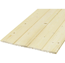 Nut- und Federbretter aus hellem Nadelholz für die Wand- und Deckenverkleidung mit natürlicher Maserung.