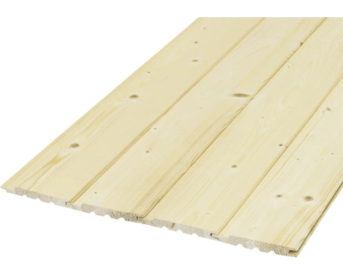 Nut- und Federbretter aus hellem Nadelholz für die Wand- und Deckenverkleidung mit natürlicher Maserung.
