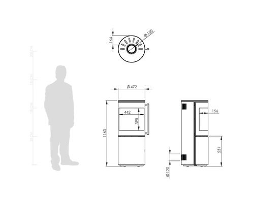 Technische Zeichnung eines Kaminofens mit Massangaben in Millimetern und einem Größenvergleich zur menschlichen Gestalt.