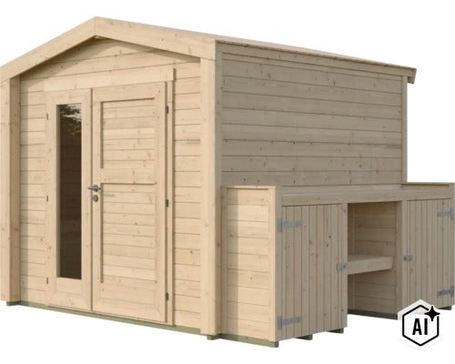 Abri de jardin en bois avec double porte et annexe intégrée avec étagère et placard (Image AI modified or generated)