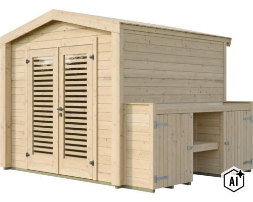Abri de jardin en bois avec double porte et extension latérale avec surface de rangement pour outils de jardin. (Image AI modified or generated)