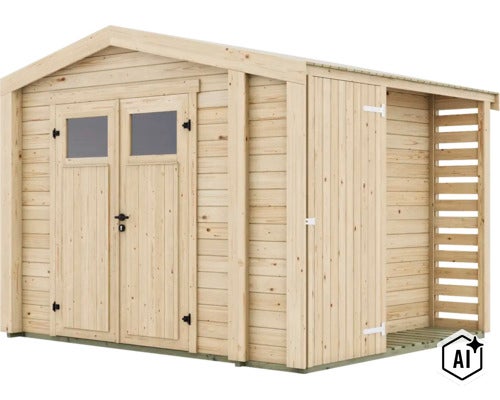Abri de jardin en bois avec porte double et auvent intégré. (Image AI modified or generated)