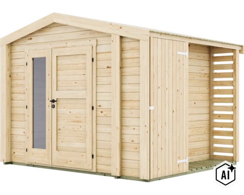 Abri de jardin en bois avec double porte, fenêtre et annexe latérale pour un espace de rangement supplémentaire. (Image AI modified or generated)