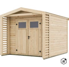 Abri de jardin moderne en bois avec double porte et écrans latéraux intégrés au design naturel. (Image AI modified or generated)
