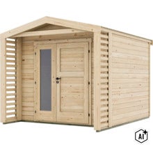 Abri de jardin en bois avec toit à deux pans, porte double avec panneau vitré et parois latérales à lattes. (Image AI modified or generated)