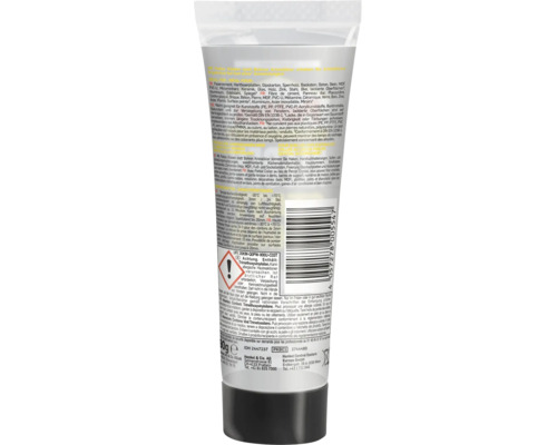 Dos d'un tube de 90 grammes de colle Pattex Ni Clou Ni Vis Crystal avec informations produit et avertissements de danger.