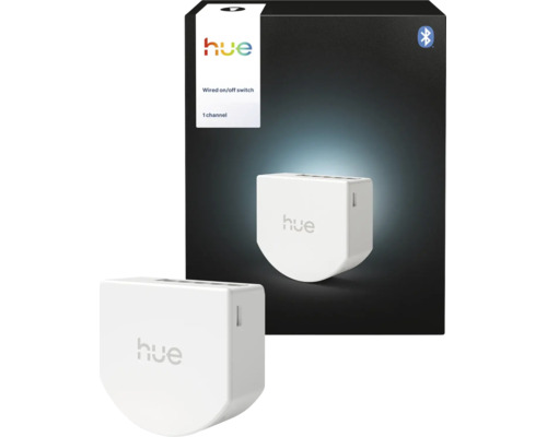 Interrupteur marche-arrêt filaire Philips Hue, 1 canal, module domotique blanc avec connexion Bluetooth et Philips Hue Logo.