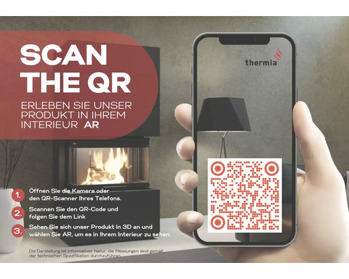 Smartphone mit QR-Code zum Scannen für eine Augmented Reality Darstellung eines Kamins von thermia im eigenen Wohnraum.