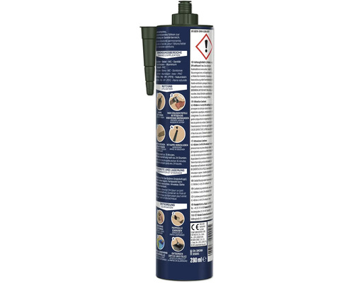 Silicone sanitaire en cartouche de 280 millilitres avec buse, Henkel Logo, avertissements et instructions d utilisation pour salle de bains.