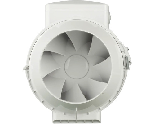 Rohrventilator aus Kunststoff für Lüftungssysteme, runde Form mit innenliegenden Lüfterflügeln.