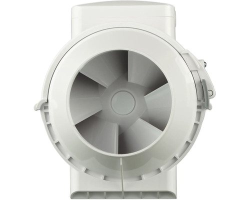 Rohrventilator aus Kunststoff in der Frontansicht mit sichtbaren Ventilatorflügeln.