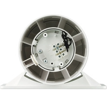 Rückansicht eines Rohrventilators aus Kunststoff mit sichtbarem elektrischen Anschluss und Lüfterflügeln.