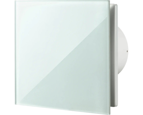 Ventilateur d'extraction carré avec façade en verre blanc pour salle de bains et toilettes.