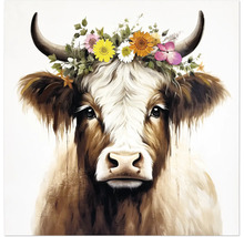 Tableau d'une vache avec une couronne de fleurs colorée sur la tête et des cornes.